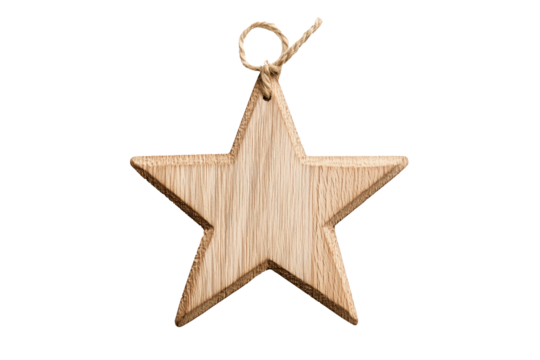 A wooden star ornament with a twine loop, isolated on white background, symbolizing Christmas simplicity and holiday decor.