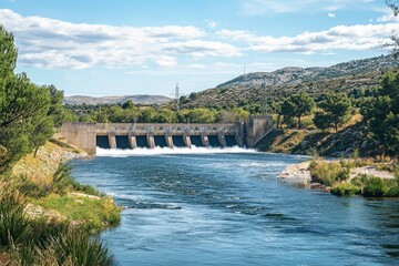 Dam with cascading water on a river flowing through a valley
