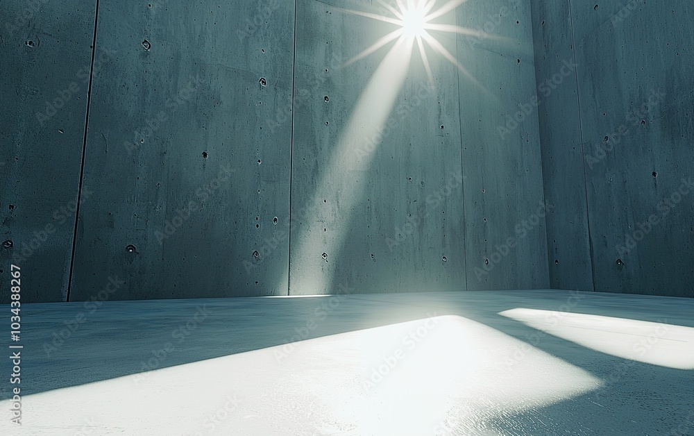 Poster light beams shine through a concrete space creating a serene atmosphere in a minimalistic environmen