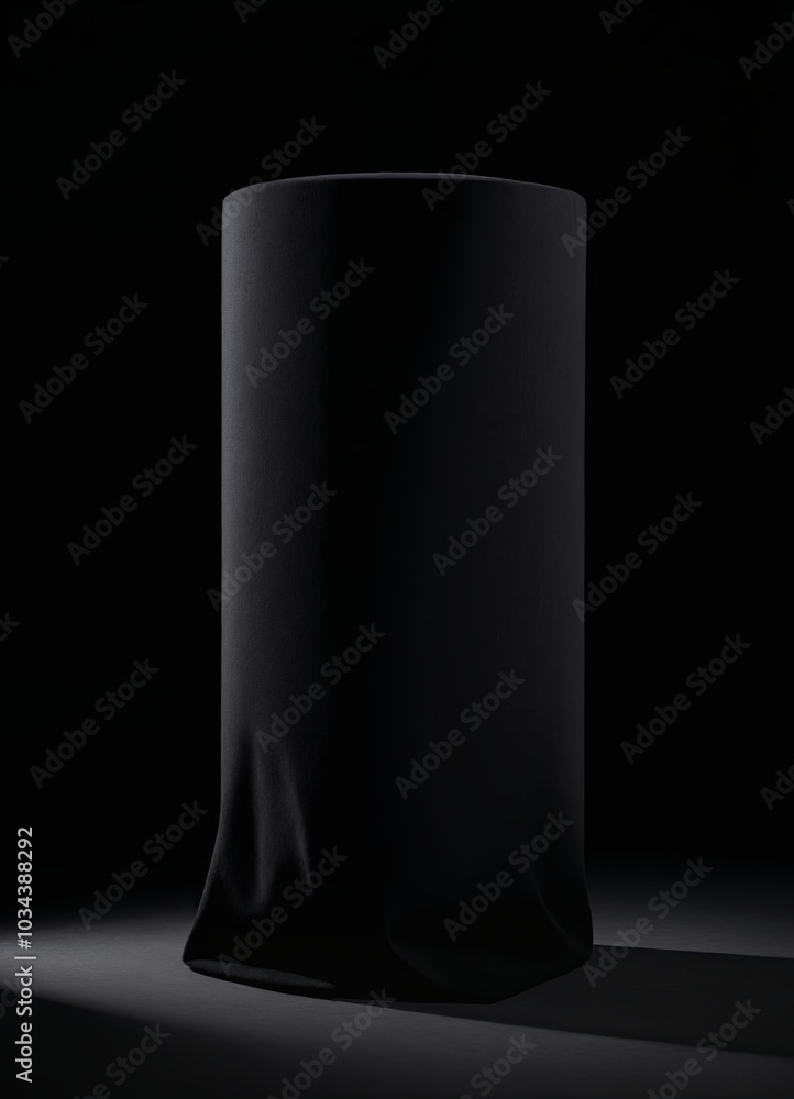 Poster tall cylindrical object in a dark, minimalist setting. the matte black surface and subtle lighting c