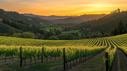 Fototapeta premium Vineyard Rows at Sunset with Rolling Hills and Trees in the Distance