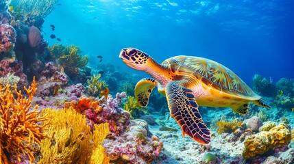 Obraz premium A Beautiful Sea Turtle Swimming Gracefully Over a Colorful Coral Reef in the Vibrant Ocean Waters