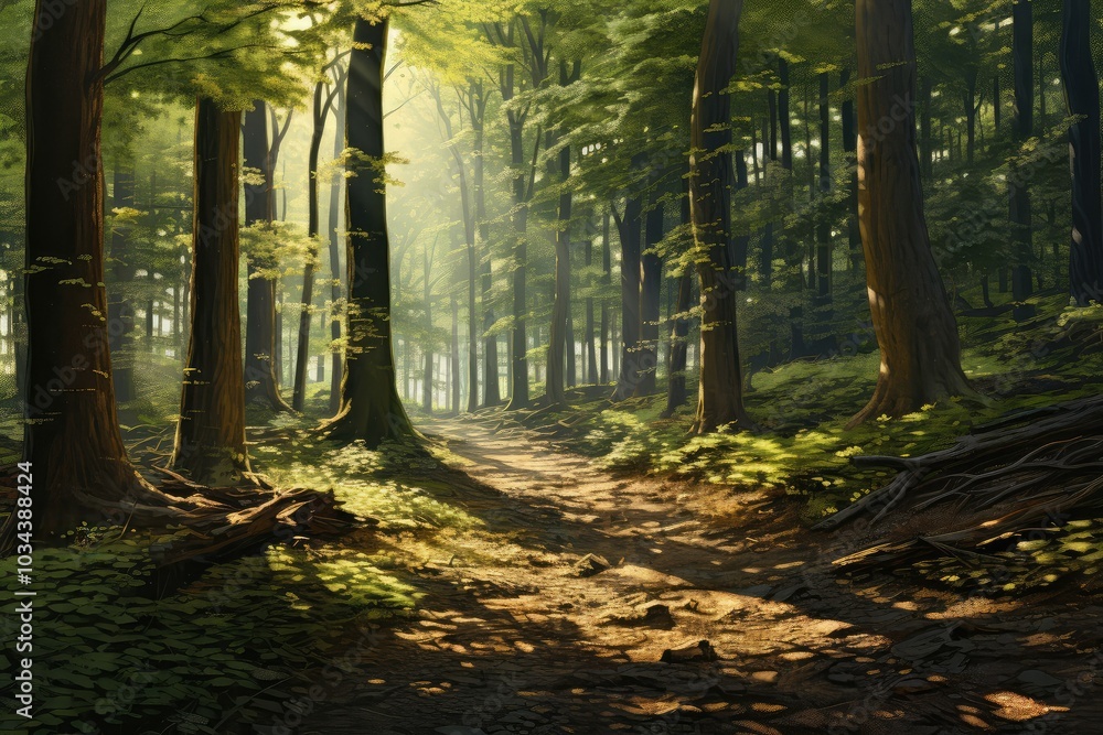 Aufkleber sunlight filters through tall trees creating a tranquil atmosphere as a winding path leads deeper in