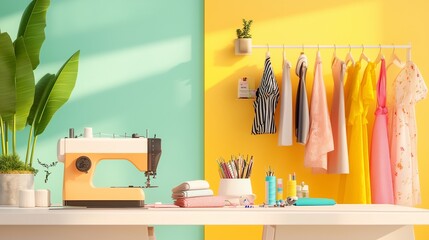 Brightly colored sewing space with a vintage sewing machine and organized fabric, showcasing creative preparation for tailoring projects