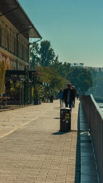 Budapest, Hungary - October 10, 2024: Budapest&rsquo;s Pathways Along the Danube Near Balna, foggy morning. Timelapse, zoom out transition, vertical orientation.