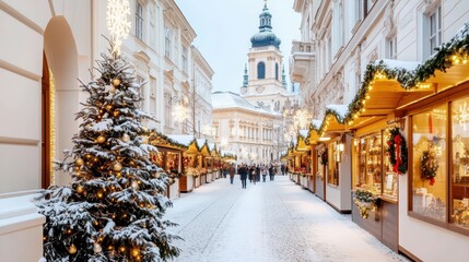 Festive winter streets of Europe featuring Christmas markets in Prague, Nuremberg, Stuttgart, Strasbourg, and Warsaw