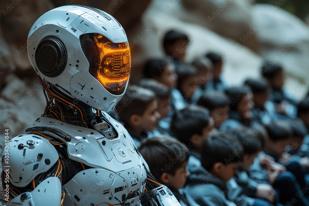 Poster a robot teacher assisting a class of children, representing the role of ai as a teaching assistant. 