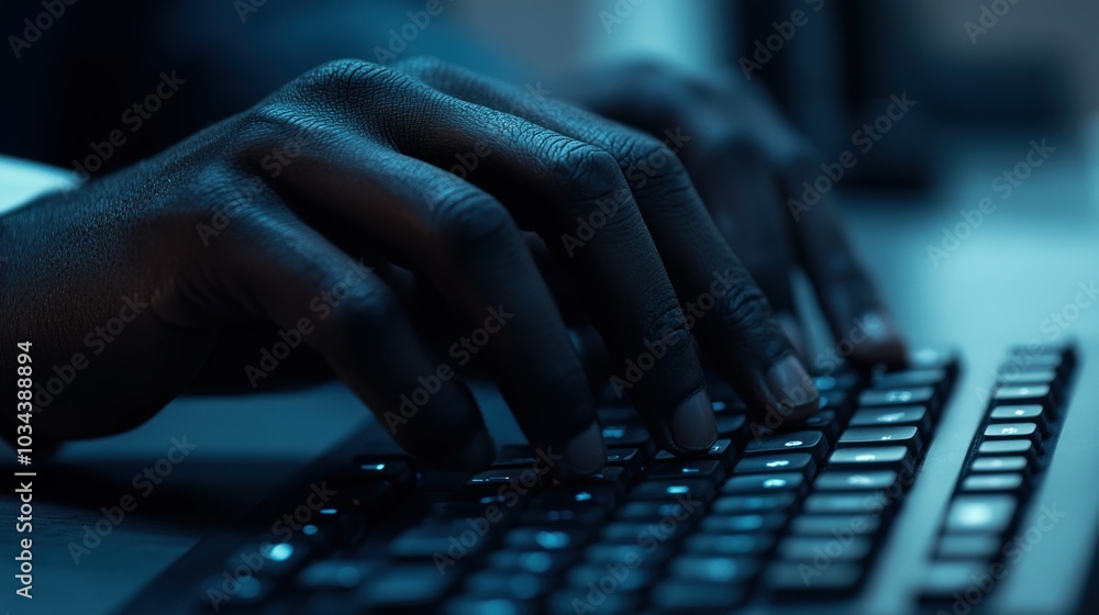 Poster Close-up of Hands Typing on a Keyboard in Low Light