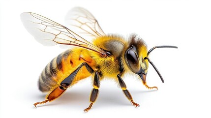 A photostock images of a bee flying in mid-air with detailed wings, isolated on white background, High Quality