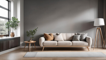 Minimalist Living Room with Bone-Colored Sofa, Wooden Table, and Plants