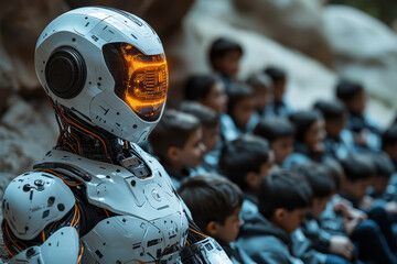 Fototapeta premium A robot teacher assisting a class of children, representing the role of AI as a teaching assistant. Concept of AI in education.