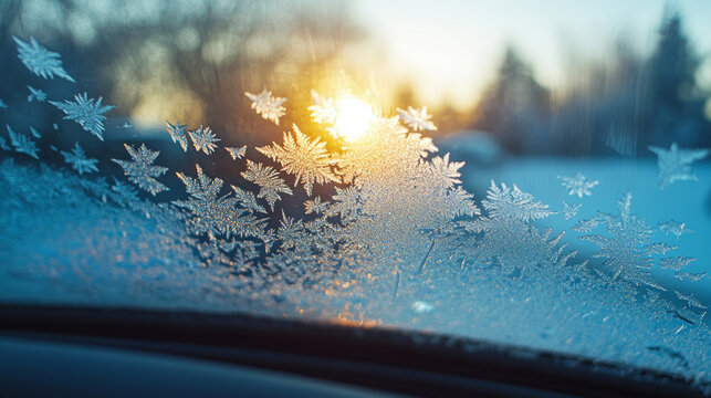 Glistening frost-covered car windshield against a winter sunset, creating a stunning pattern against nature's backdrop. Ideal for winter and holiday projects, capturing the enchantment of the season