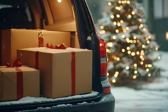 Gift boxes in a car on winter street. Christmas tree in the background.