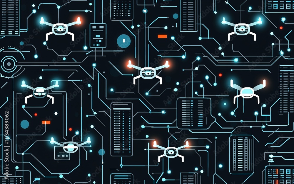 Poster aerial drones navigate a network of circuits and data pathways in a futuristic digital landscape at 