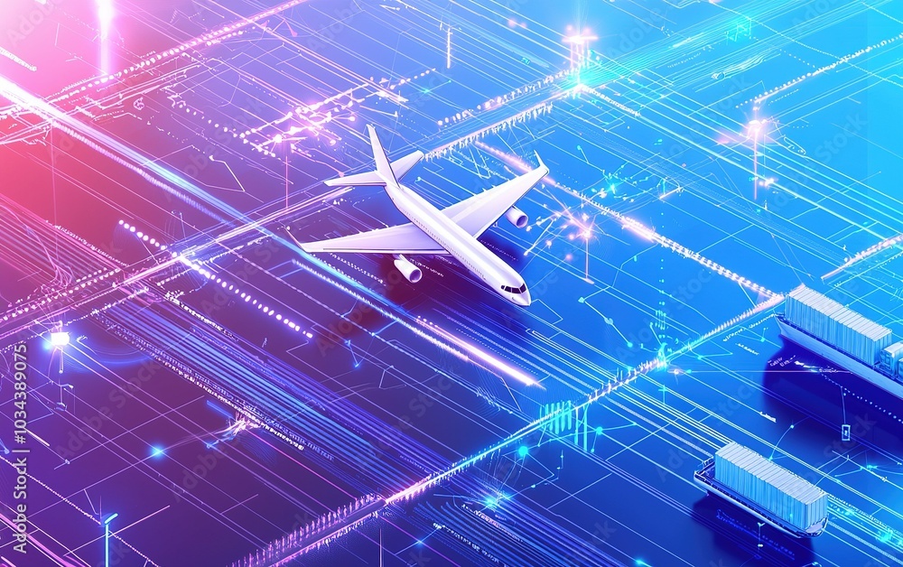 Poster Aerial view of a modern airplane on a high-tech runway with glowing circuit patterns in the background at night