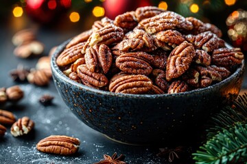 Obraz premium Sugared Pecans in a Bowl with Christmas Lights in the Background