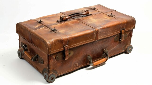 A vintage leather trolley suitcase complete with functioning wheels and a collapsible handle an early predecessor to modern luggage on wheels.