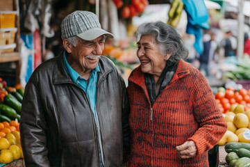 Elderly couple happily laughing and having a good time strolling through the farmers market