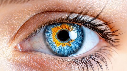 Fototapeta premium A photostock images of a detailed close-up of an eye iris with blue and orange colors, isolated on white background, High Quality