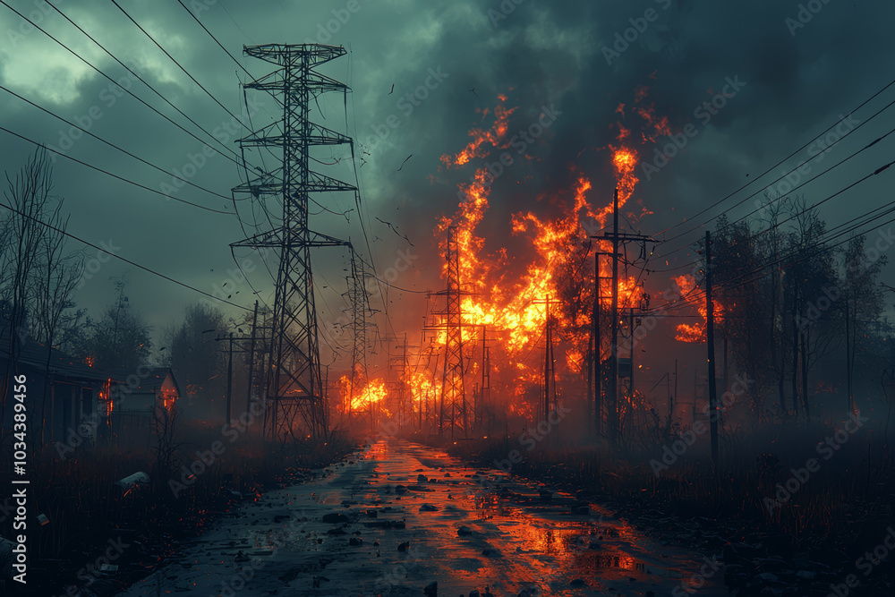 Poster a power grid under attack, illustrating the vulnerability of modern infrastructure to disruptions. c