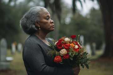 Elderly woman with a somber expression holding a bunch of flowers at a cemetery