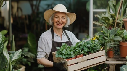 A smiling older woman carries a wooden crate of potted plants in a vibrant indoor garden during daytime