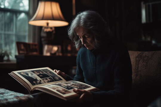 Elderly woman reminiscing while sitting on a couch in the living room and flipping through an old photo album