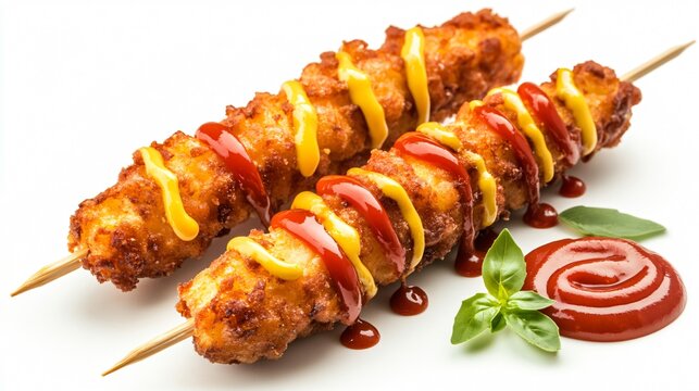 Crispy corn dogs, isolated on a white background with decorative mustard and ketchup - Powered by Adobe