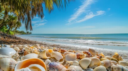 A tropical beach with seashells of various shapes and colors scattered along the shoreline, framed by palm trees and a clear blue sky
