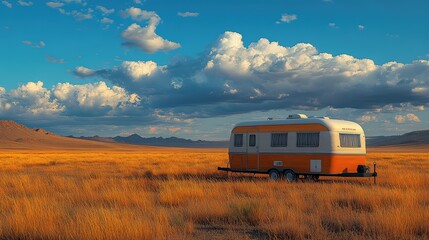 A vintage travel trailer parked in a dry, desert landscape