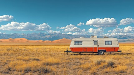 A vintage travel trailer parked in a dry, desert landscape