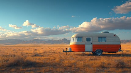 A vintage travel trailer parked in a dry, desert landscape