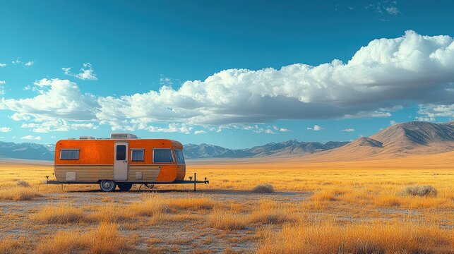 A vintage travel trailer parked in a dry, desert landscape - Powered by Adobe