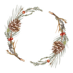 Christmas pine cone wreath with evergreen branches
