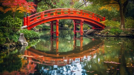 Obraz premium Autumn Reflections A Red Bridge Over a Serene Pond in a Japanese Garden