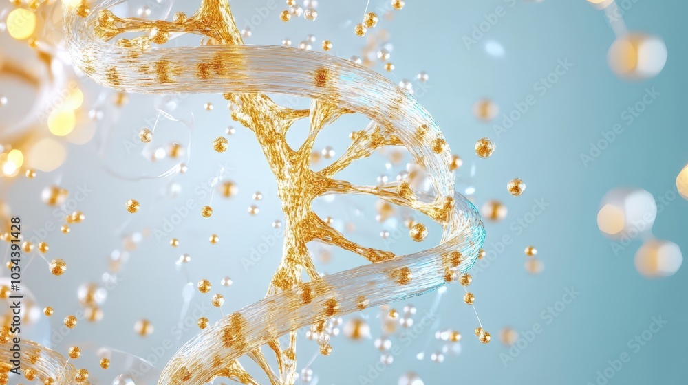 Poster exploring dna genomics with a golden hue in a minimalistic and clinical glassmorphism design