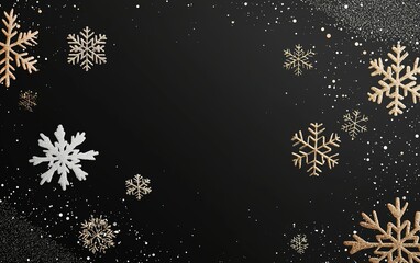 Elegant black background adorned with white and gold snowflakes scattered across for a festive winter theme