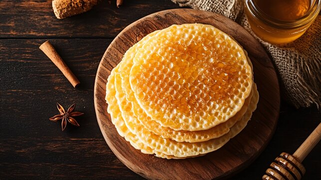 Korean street-style hotteok pancakes, isolated on a wooden board with decorative honey and cinnamon