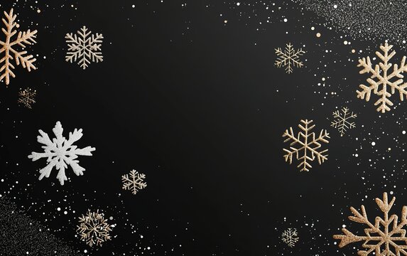 Elegant black background adorned with white and gold snowflakes scattered across for a festive winter theme