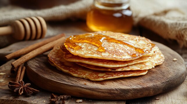 Korean street-style hotteok pancakes, isolated on a wooden board with decorative honey and cinnamon