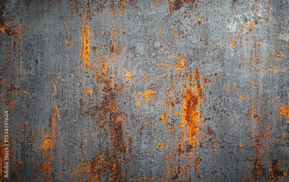 Poster textured metal surface showing intricate patterns of rust and oxidation in shades of orange and grey