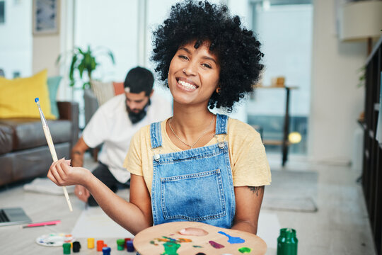 Painting, portrait and smile with woman in living room of apartment for creative design, gallery and inspiration. Painter, color pallet and watercolor with person at home for drawing, canvas or hobby