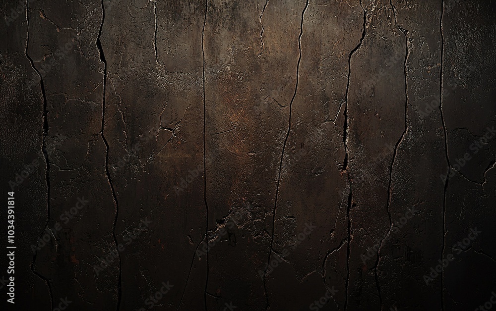Poster textured dark wall with visible cracks and an uneven surface in low light setting, creating a dramat