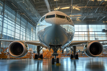 Large commercial jet sitting in a hangar, surrounded by maintenance equipment and personnel...