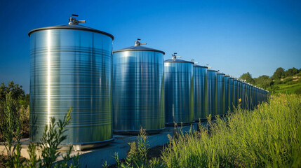 Visualize a series of water tanks lined up in a neat, orderly row. Each tank stands tall and cylindrical, made of shiny metal or durable plastic, reflecting sunlight with a sleek, polished surface. 