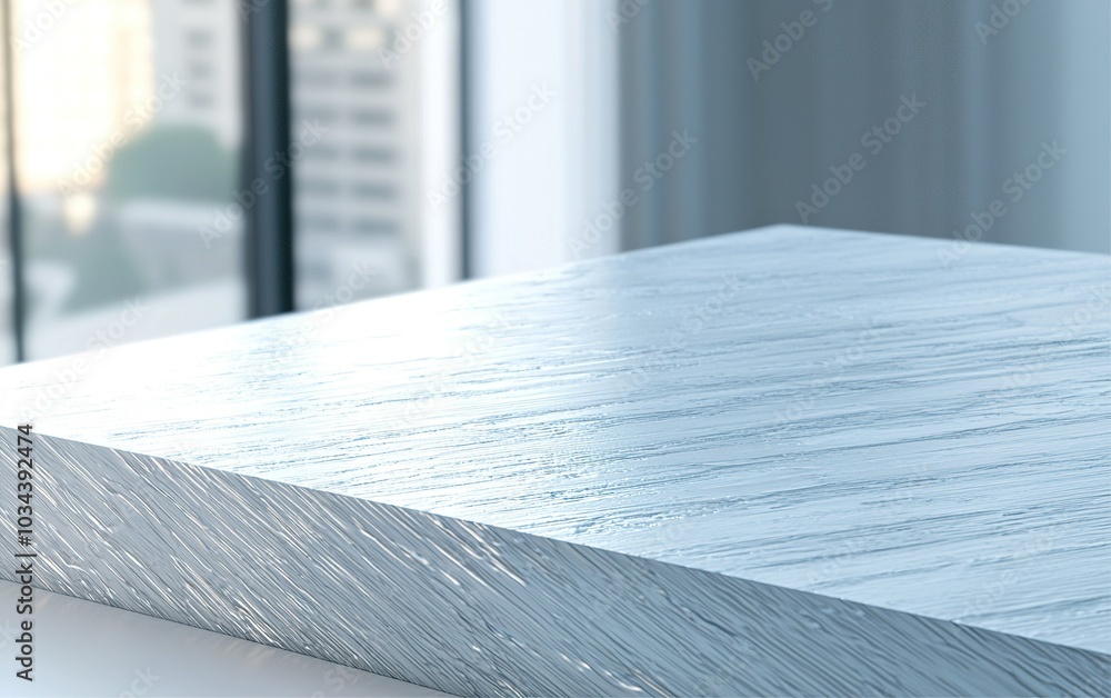 Poster a close-up view of a textured metallic surface reflecting sunlight in a modern office setting during