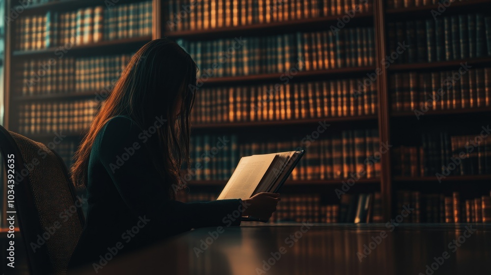 Poster Silhouette of a Woman Reading in a Library with Bookshelves in the Background