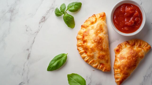 Stuffed Italian panzerotti, isolated on a marble surface with decorative marinara sauce and fresh basil