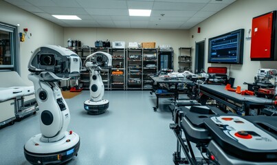 Three robotic cameras in a tech lab.