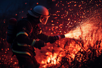 Firefighter in action during a nighttime fire, with glowing red embers illuminating the dark sky.
